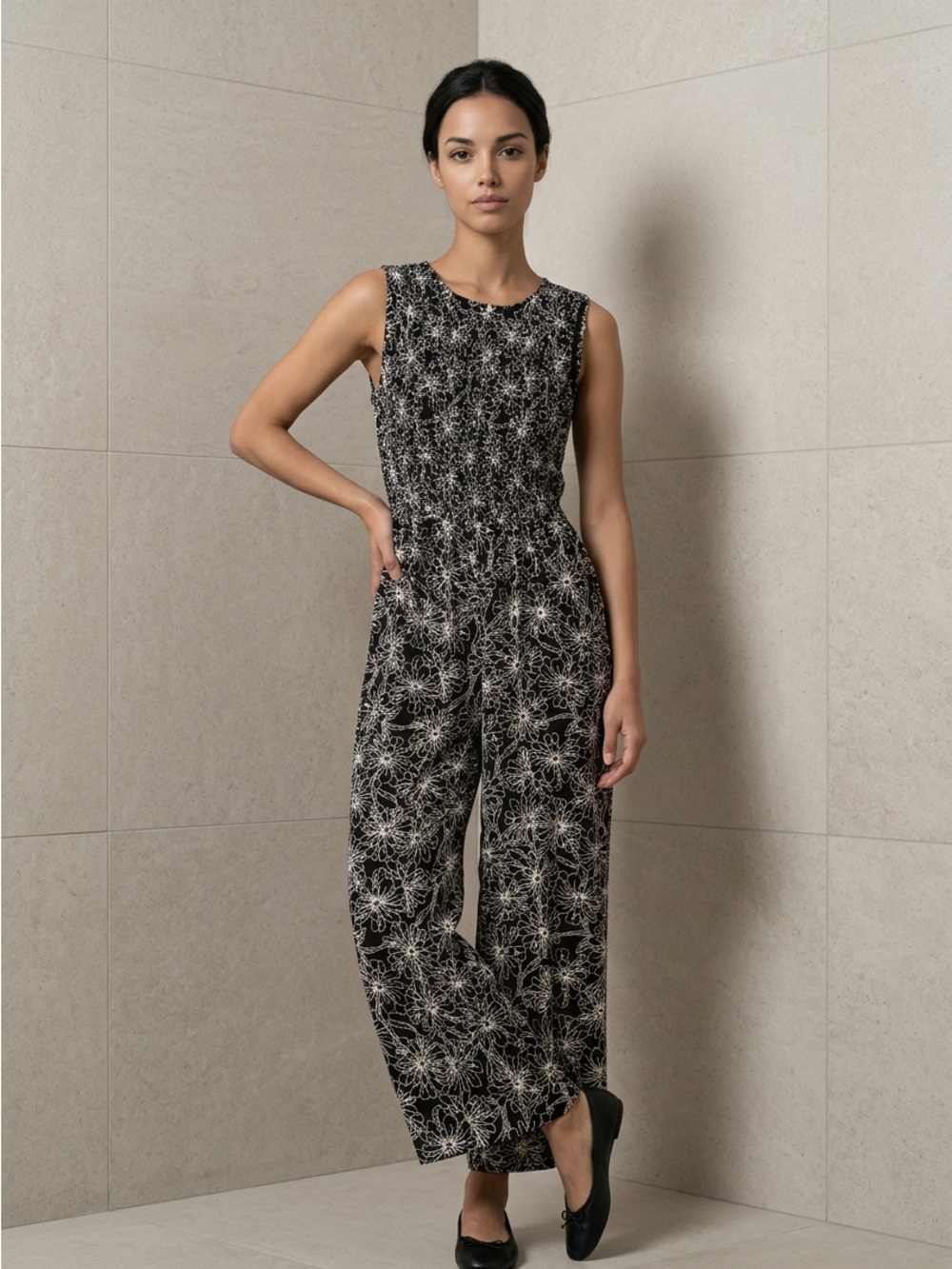 Andrew Marc Black White Floral Print Sleeveless Jumpsuit-M